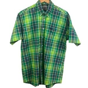 Cinch Bright Lime Green Plaid Button Collar Short Sleeve Roomy Shirt Med Western